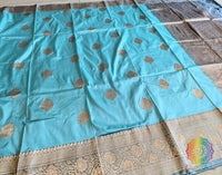 Aqua Blue Pure Banarasi Handloom Katan Silk Saree – Handloom Saree Online India | Elegantt Drapes