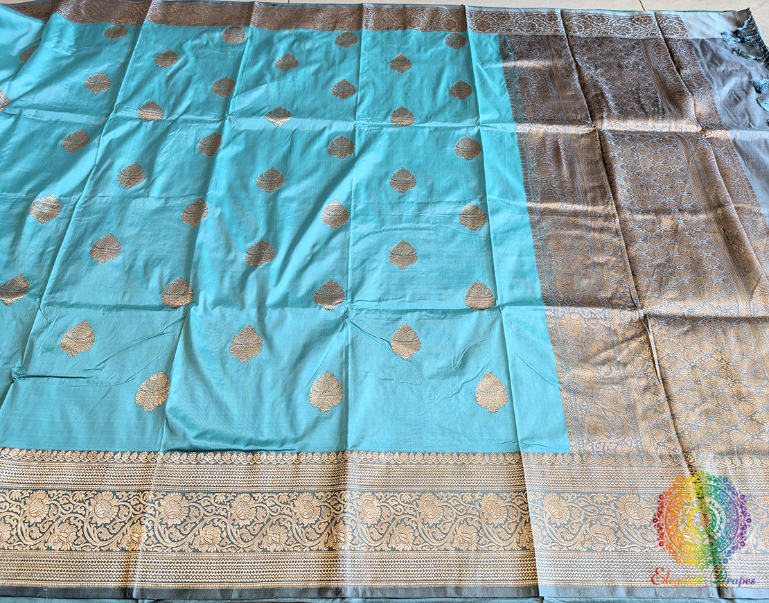 Aqua Blue Pure Banarasi Handloom Katan Silk Saree – Handloom Saree Online India | Elegantt Drapes