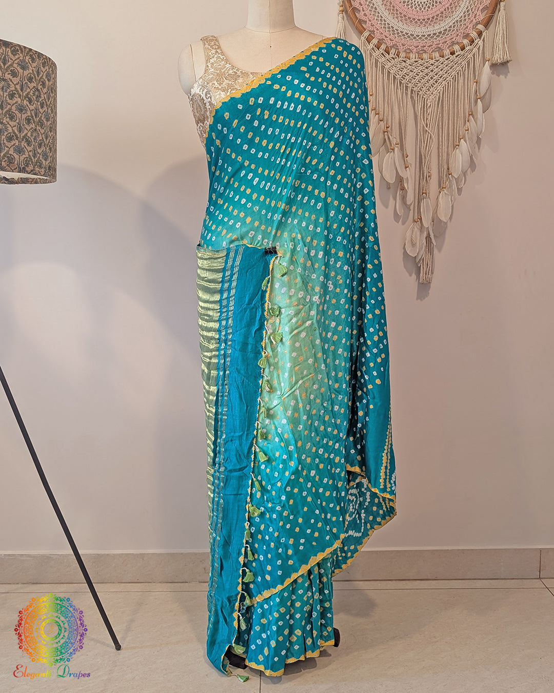 Sea Green Shaded Pure Gajji Silk Bandhani Saree – Bandhani Saree Online India | Elegantt Drapes