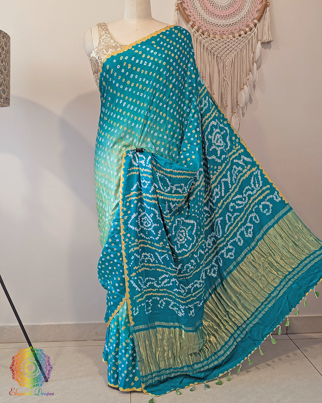 Sea Green Shaded Pure Gajji Silk Bandhani Saree – Bandhani Saree Online India | Elegantt Drapes