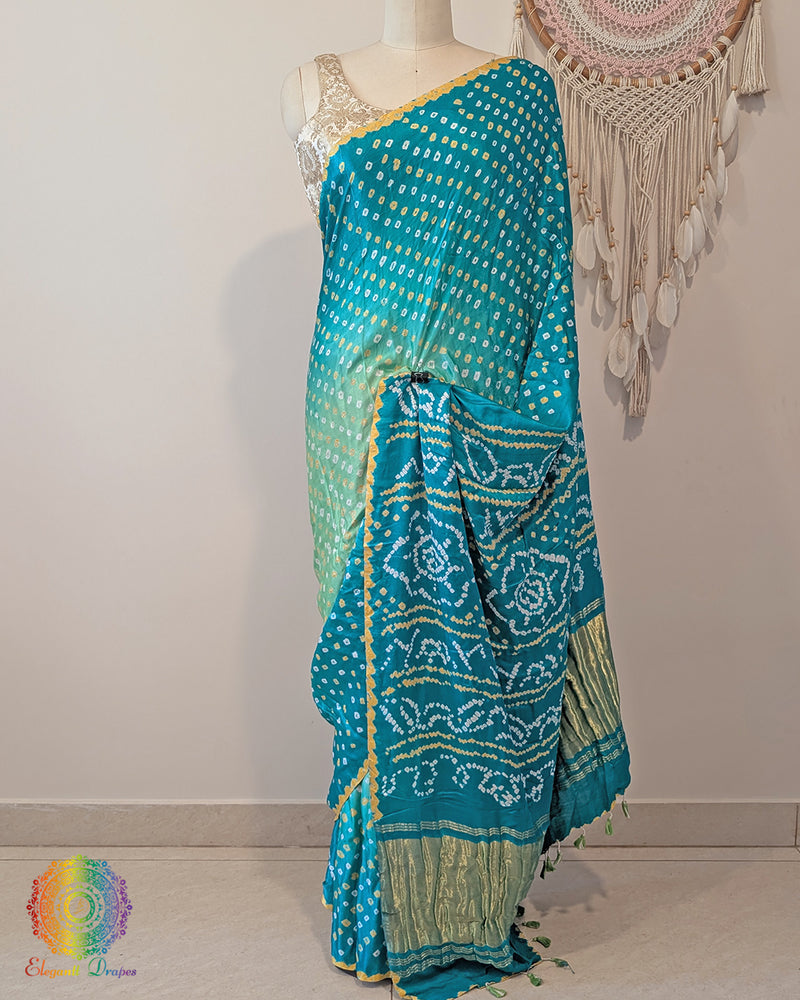Sea Green Shaded Pure Gajji Silk Bandhani Saree – Bandhani Saree Online India | Elegantt Drapes