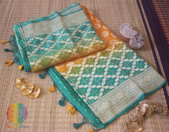 Cyan Mustard Shaded Pure Khaddi Georgette Bandhani Saree – Bandhani Saree Online India | Elegantt Drapes