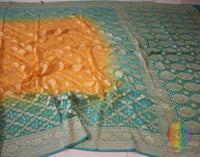 Cyan Mustard Shaded Pure Khaddi Georgette Bandhani Saree – Bandhani Saree Online India | Elegantt Drapes