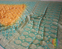 Cyan Mustard Shaded Pure Khaddi Georgette Bandhani Saree – Bandhani Saree Online India | Elegantt Drapes