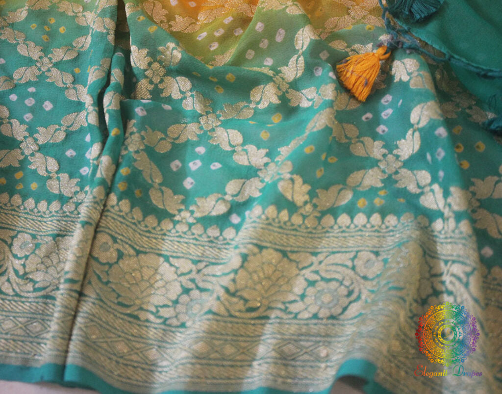 Cyan Mustard Shaded Pure Khaddi Georgette Bandhani Saree – Bandhani Saree Online India | Elegantt Drapes