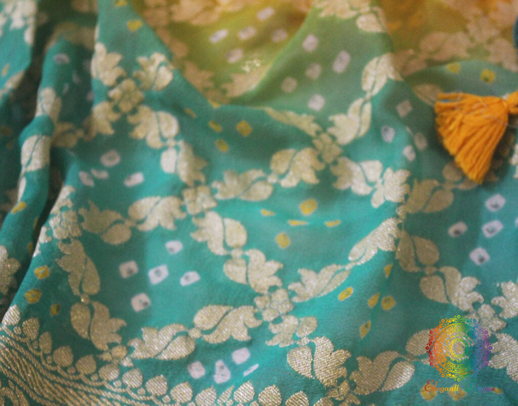 Cyan Mustard Shaded Pure Khaddi Georgette Bandhani Saree – Bandhani Saree Online India | Elegantt Drapes
