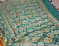 Cyan Mustard Shaded Pure Khaddi Georgette Bandhani Saree – Bandhani Saree Online India | Elegantt Drapes