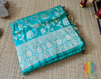 Cyan Pure Banarasi Katan Silk Floral Jaal Saree – Handloom Saree Online India | Elegantt Drapes