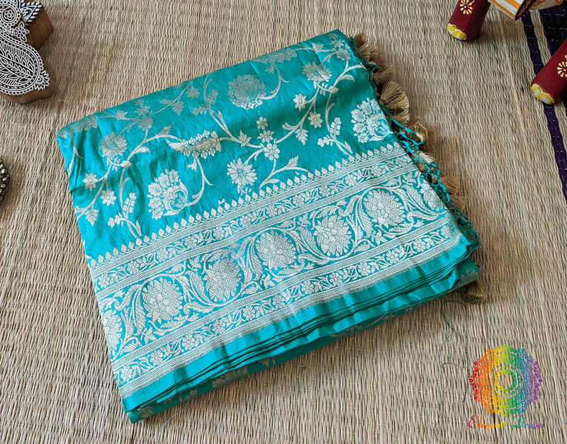 Cyan Pure Banarasi Katan Silk Floral Jaal Saree – Handloom Saree Online India | Elegantt Drapes