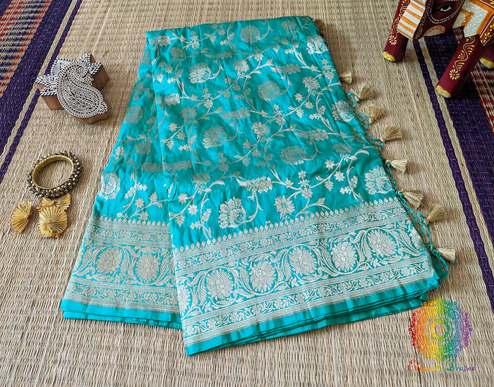 Cyan Pure Banarasi Katan Silk Floral Jaal Saree – Handloom Saree Online India | Elegantt Drapes