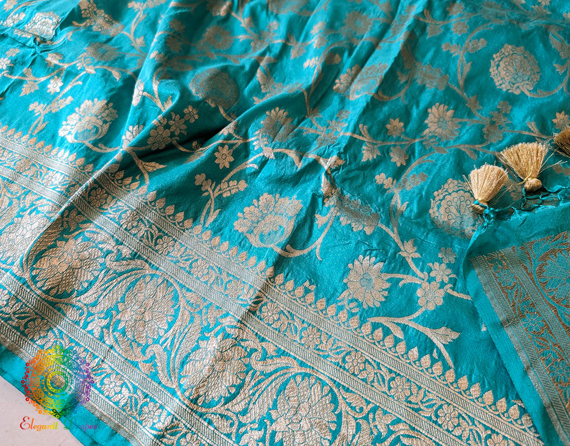 Cyan Pure Banarasi Katan Silk Floral Jaal Saree – Handloom Saree Online India | Elegantt Drapes