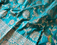 Cyan Pure Banarasi Katan Silk Floral Jaal Saree – Handloom Saree Online India | Elegantt Drapes