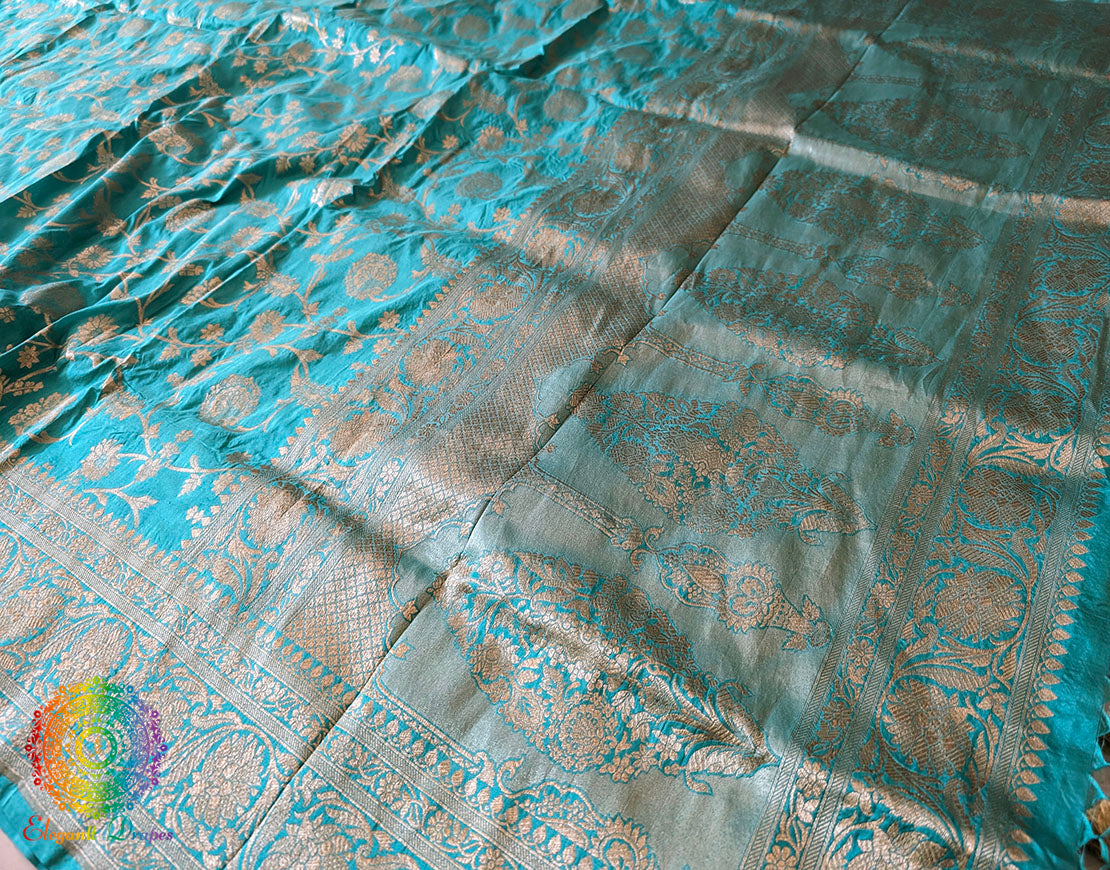 Cyan Pure Banarasi Katan Silk Floral Jaal Saree – Handloom Saree Online India | Elegantt Drapes