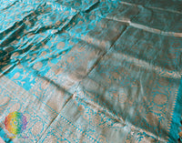 Cyan Pure Banarasi Katan Silk Floral Jaal Saree – Handloom Saree Online India | Elegantt Drapes
