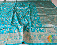 Cyan Pure Banarasi Katan Silk Floral Jaal Saree – Handloom Saree Online India | Elegantt Drapes