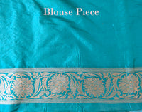Cyan Pure Banarasi Katan Silk Floral Jaal Saree – Handloom Saree Online India | Elegantt Drapes