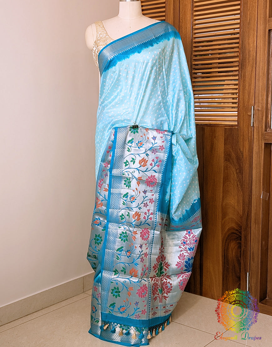 Cyan Bandhani Meenakari Katan Silk Saree – Bandhani Saree Online India | Elegantt Drapes
