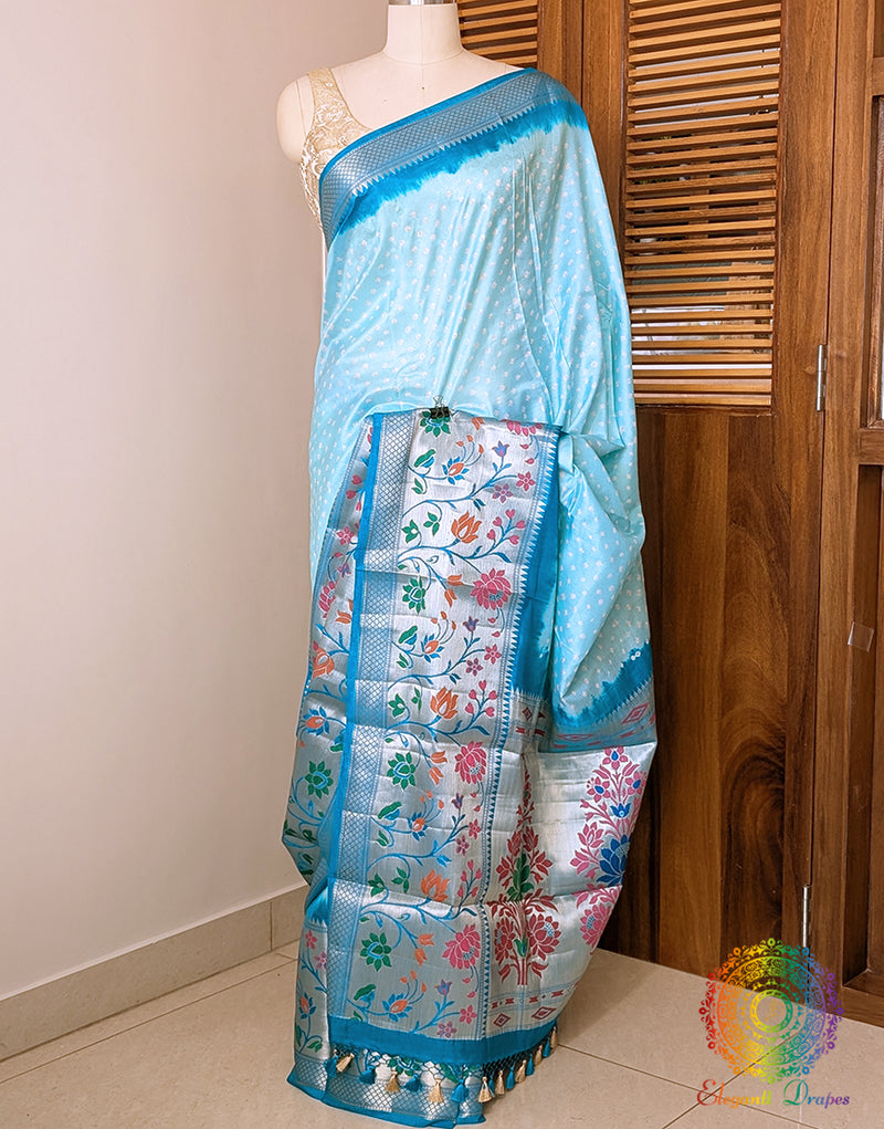 Cyan Bandhani Meenakari Katan Silk Saree – Bandhani Saree Online India | Elegantt Drapes