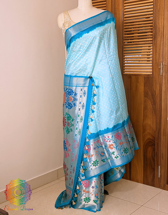 Cyan Bandhani Meenakari Katan Silk Saree – Bandhani Saree Online India | Elegantt Drapes