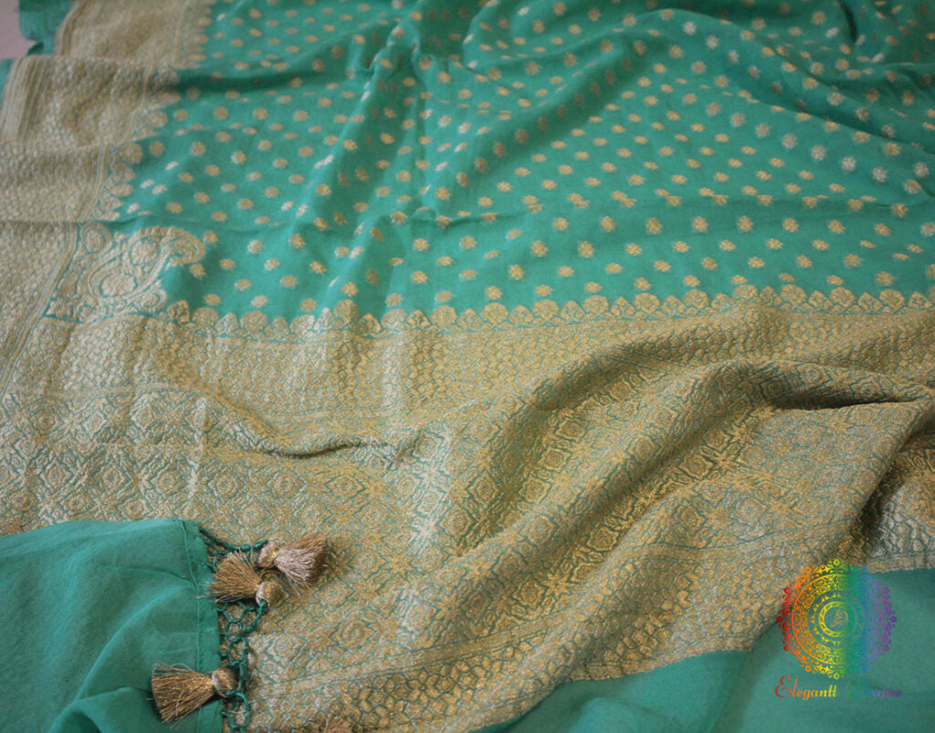 Sea Green Banarasi Pure Khaddi Georgete Konia Saree | Elegantt Drapes