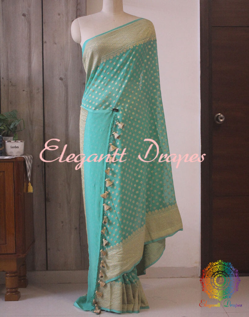 Sea Green Banarasi Pure Khaddi Georgete Konia Saree | Elegantt Drapes