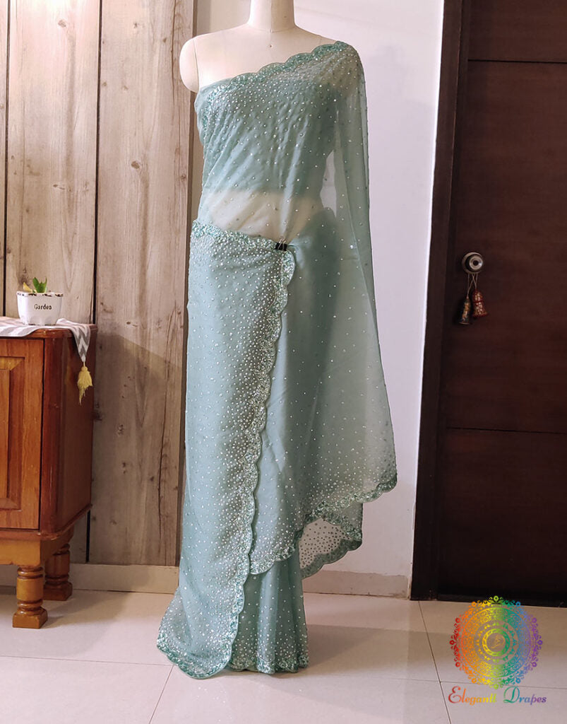 Aqua Pure Organza Silk Handwork Saree – Handloom Saree Online India | Elegantt Drapes