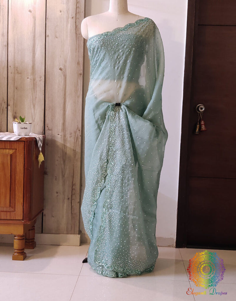 Aqua Pure Organza Silk Handwork Saree – Handloom Saree Online India | Elegantt Drapes