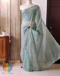 Aqua Pure Organza Silk Handwork Saree – Handloom Saree Online India | Elegantt Drapes