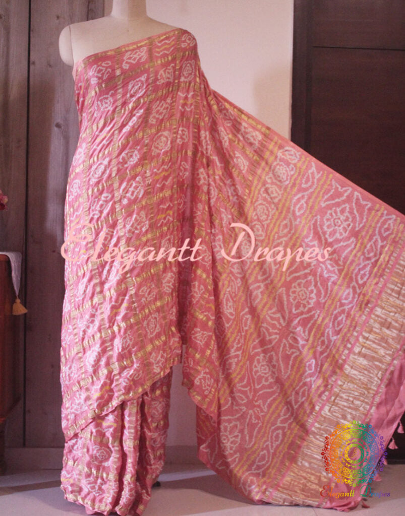 Close up of Bandhani work on Peach Gajji silk Gharchola saree