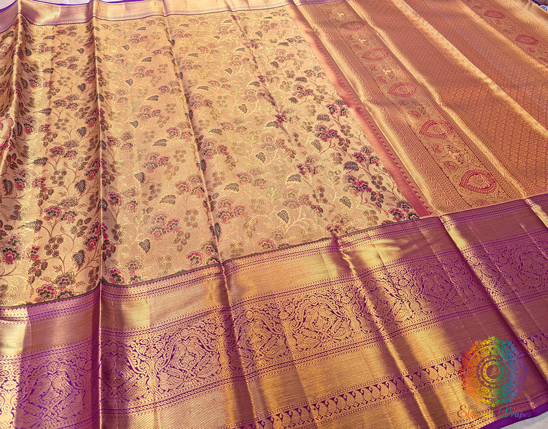 Golden Pure Kanjivaram Tissue Silk Bridal Saree – Handloom Saree Online India | Elegantt Drapes