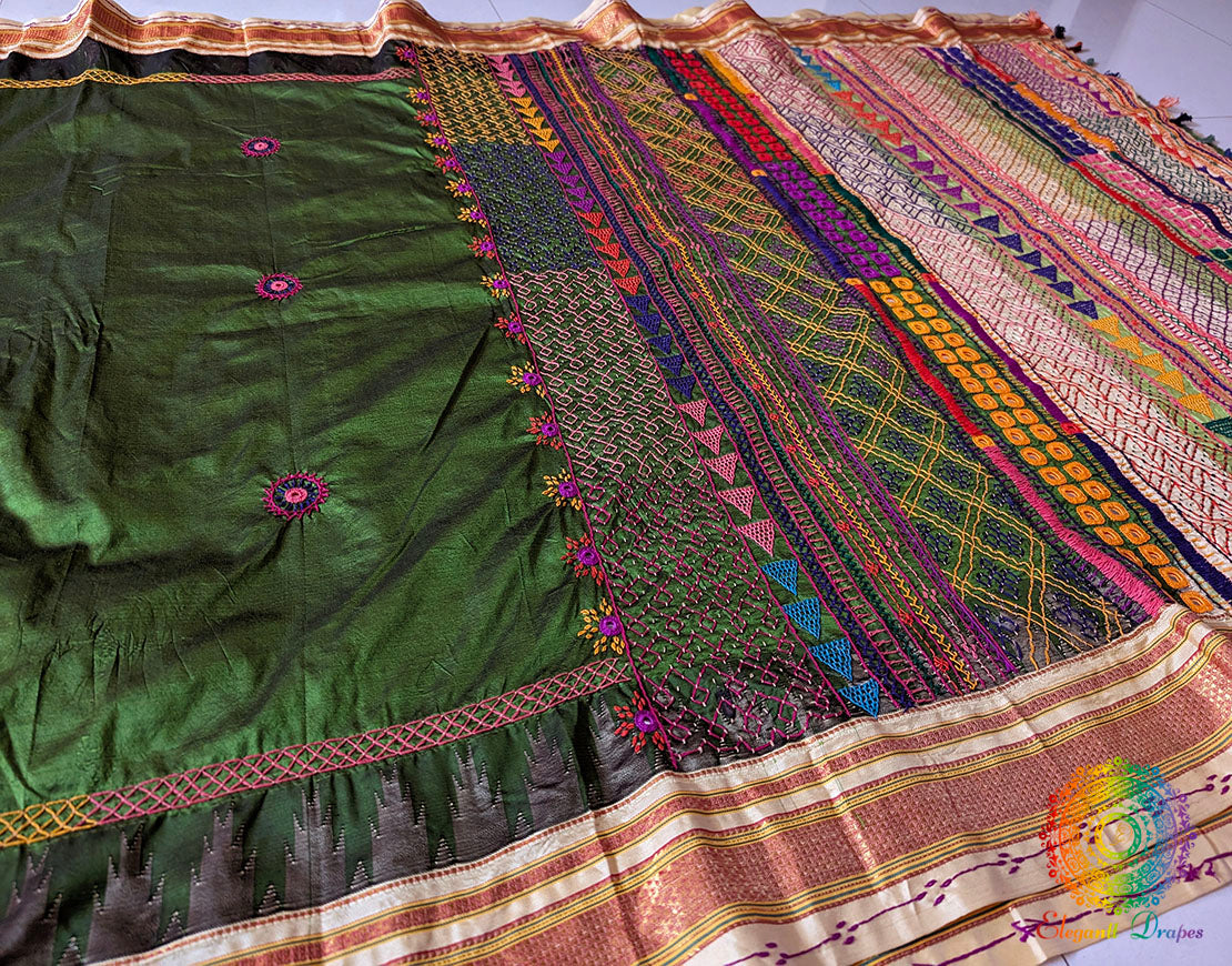 Green Pure Ilkal Silk Lambani Handwork Saree – Ilkal Handloom Saree Online India | Elegantt Drapes