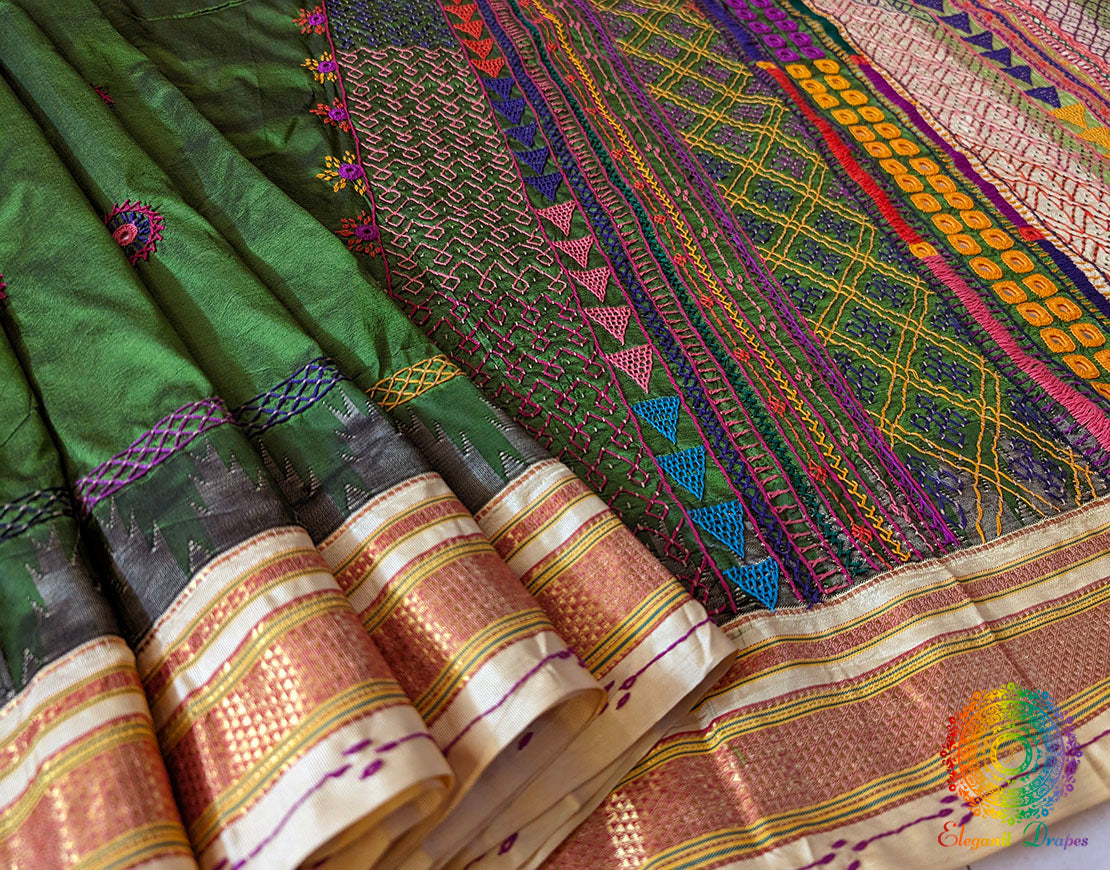 Green Pure Ilkal Silk Lambani Handwork Saree – Ilkal Handloom Saree Online India | Elegantt Drapes