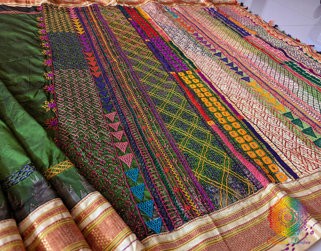 Green Pure Ilkal Silk Lambani Handwork Saree – Ilkal Handloom Saree Online India | Elegantt Drapes