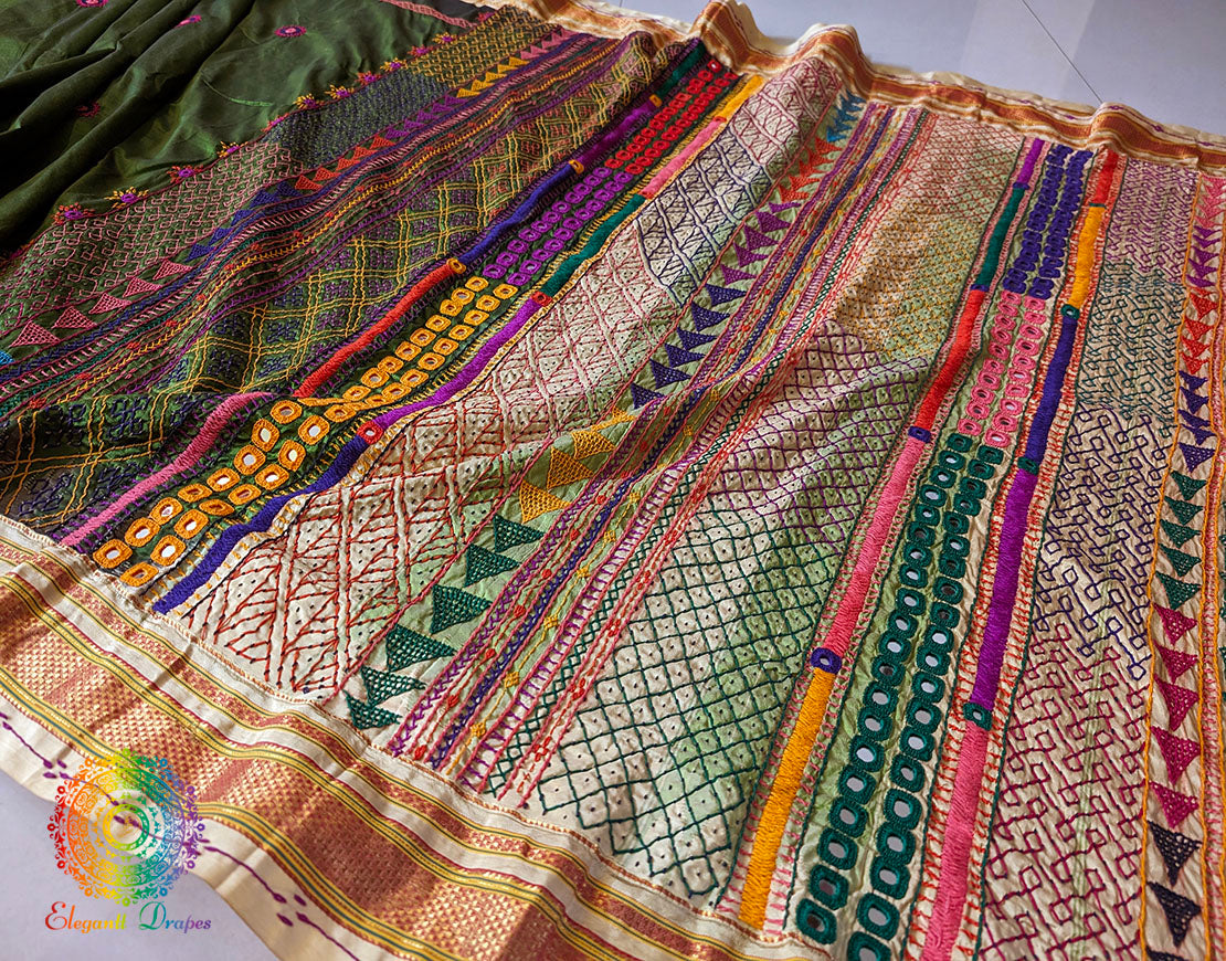 Green Pure Ilkal Silk Lambani Handwork Saree – Ilkal Handloom Saree Online India | Elegantt Drapes