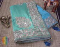Green Blue Shaded Pure Chinon Crepe Gota Patti Work Saree – Handloom Saree Online India | Elegantt Drapes