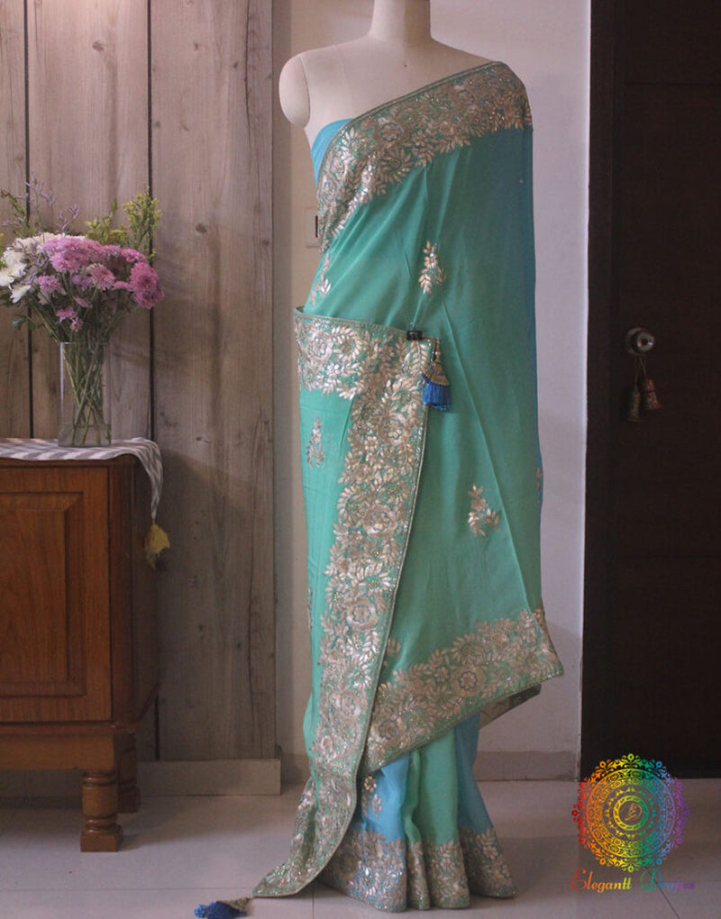 Green Blue Shaded Pure Chinon Crepe Gota Patti Work Saree – Handloom Saree Online India | Elegantt Drapes