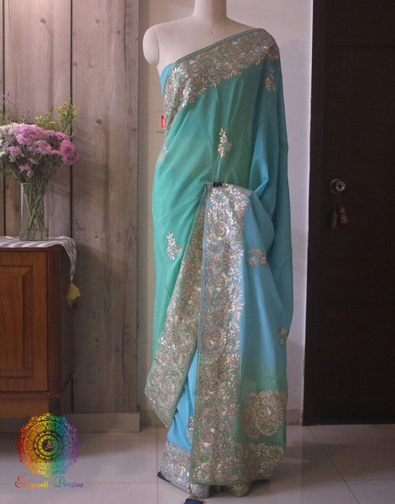 Green Blue Shaded Pure Chinon Crepe Gota Patti Work Saree – Handloom Saree Online India | Elegantt Drapes