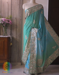 Green Blue Shaded Pure Chinon Crepe Gota Patti Work Saree – Handloom Saree Online India | Elegantt Drapes