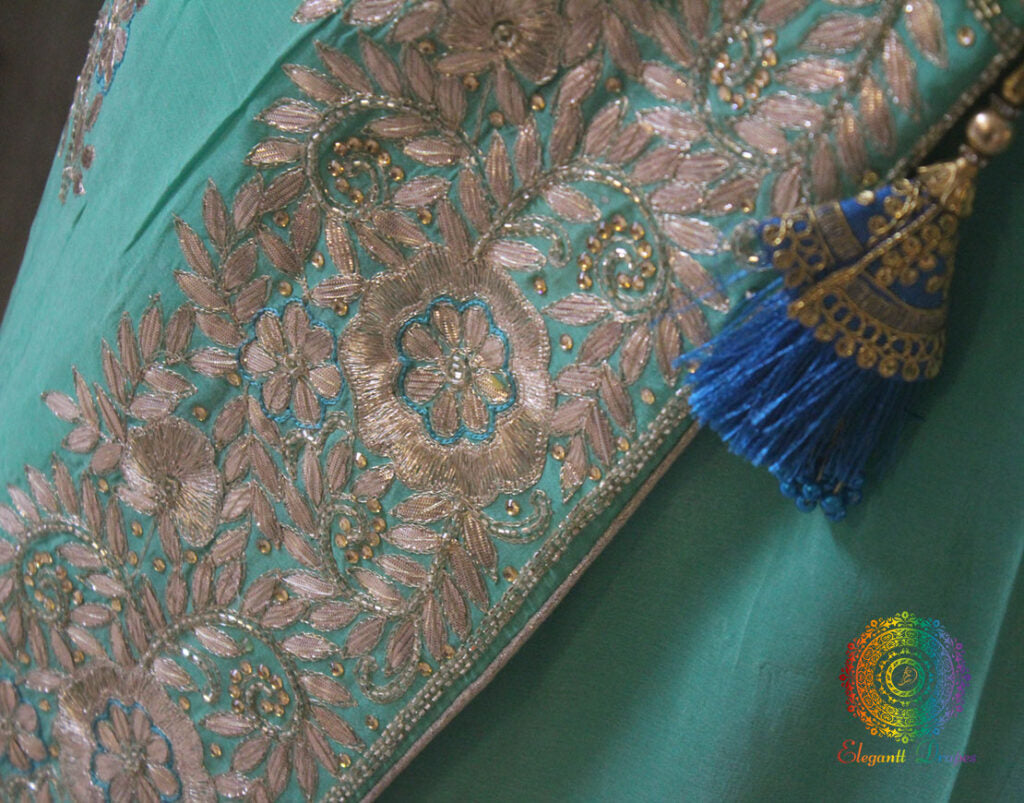Green Blue Shaded Pure Chinon Crepe Gota Patti Work Saree – Handloom Saree Online India | Elegantt Drapes