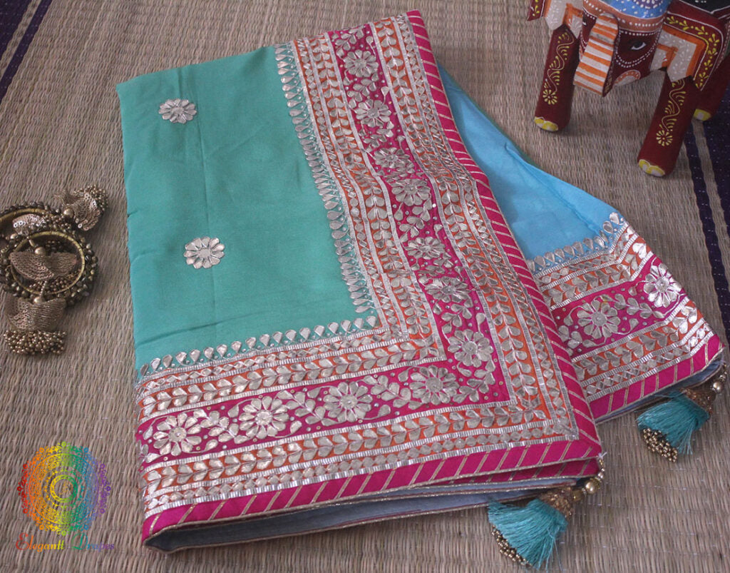 Blue Green Shaded Gota Patti Handwork Chinon Crepe Saree
