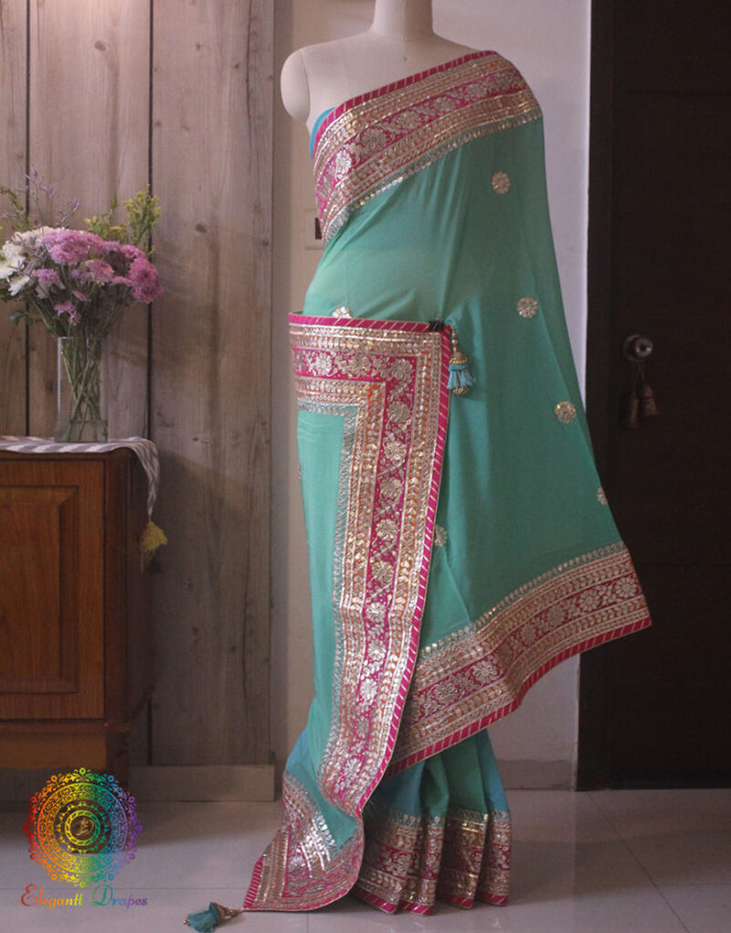 Blue Green Shaded Gota Patti Handwork Chinon Crepe Saree