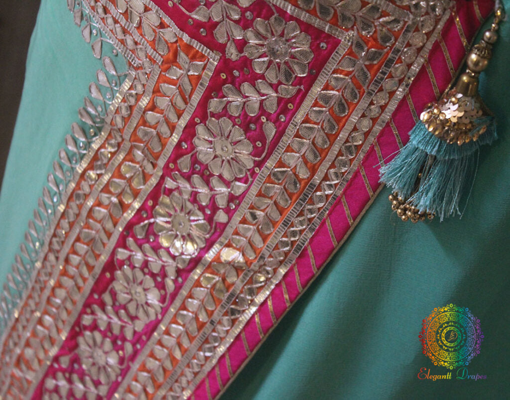 Blue Green Shaded Gota Patti Handwork Chinon Crepe Saree