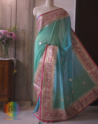 Blue Green Shaded Gota Patti Handwork Chinon Crepe Saree