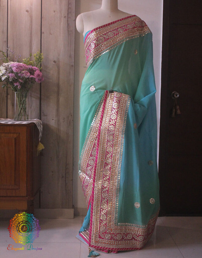 Blue Green Shaded Gota Patti Handwork Chinon Crepe Saree