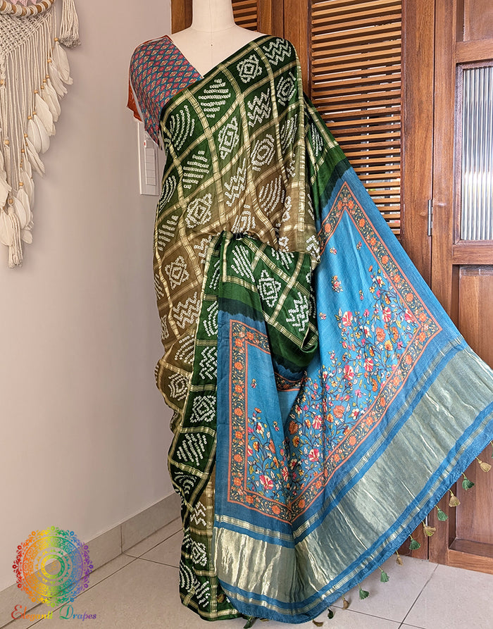 Green Olive Shaded Gharchola Gaji Silk Bandhani Saree – Bandhani Saree Online India | Elegantt Drapes