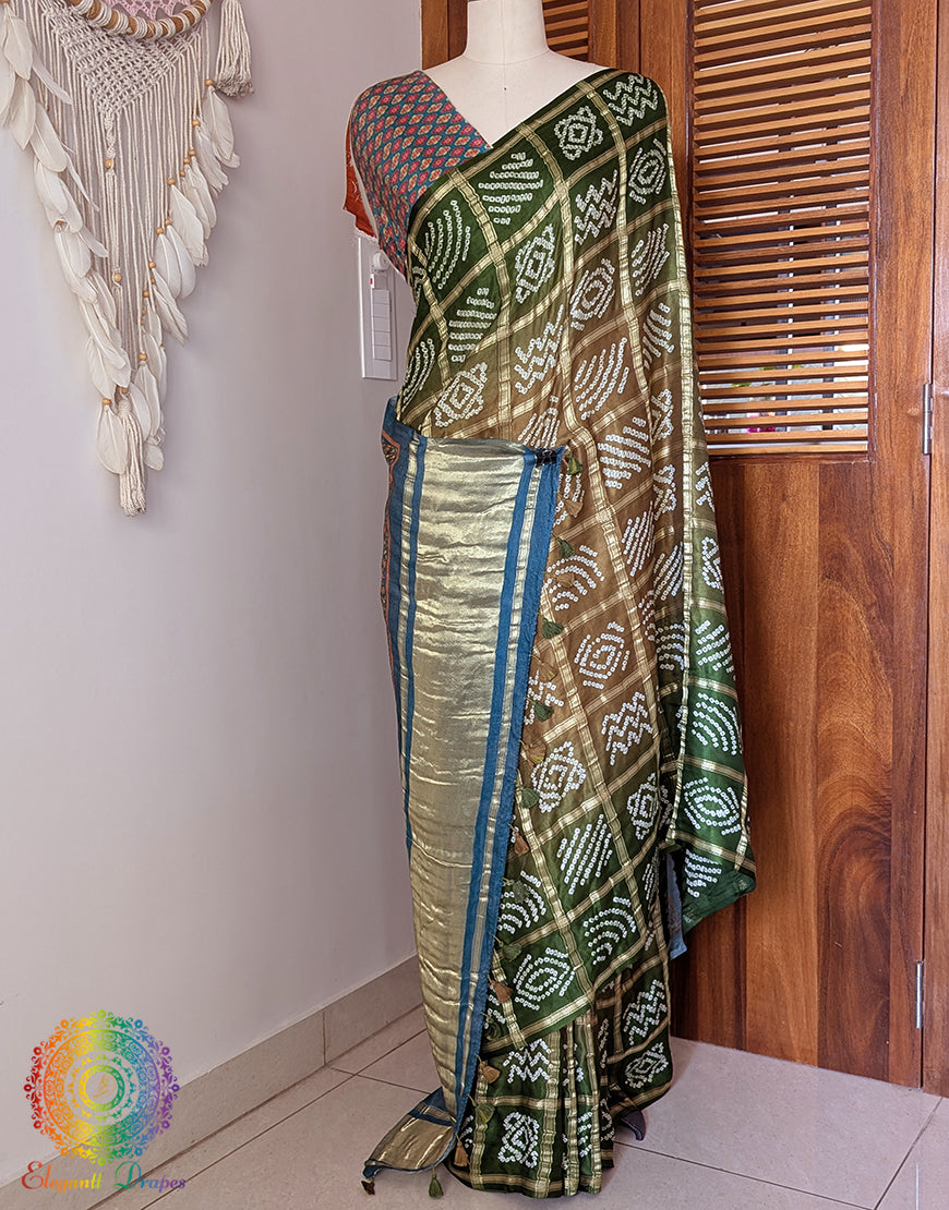 Green Olive Shaded Gharchola Gaji Silk Bandhani Saree – Bandhani Saree Online India | Elegantt Drapes