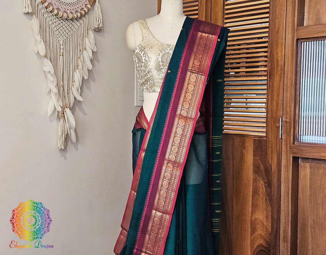 Green Pure Kanchi Cotton Saree 2 – Handloom Saree Online India | Elegantt Drapes