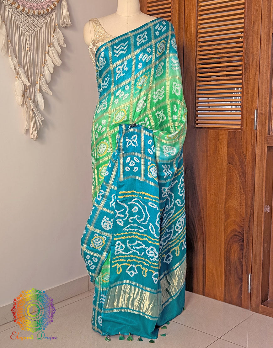 Close up of Bandhani work on Green Shaded Gajji silk Gharchola saree