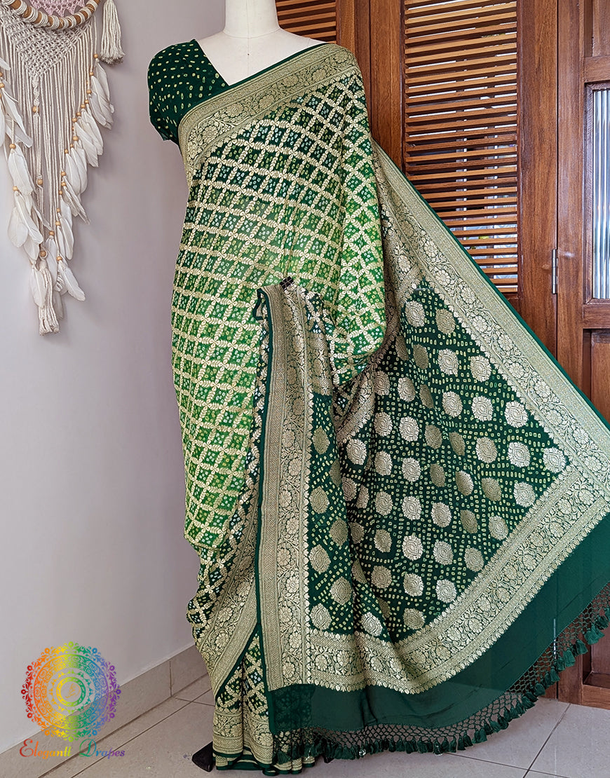Green Shaded Banarasi Bandhani Khaddi Georgette Saree – Bandhani Saree Online India | Elegantt Drapes