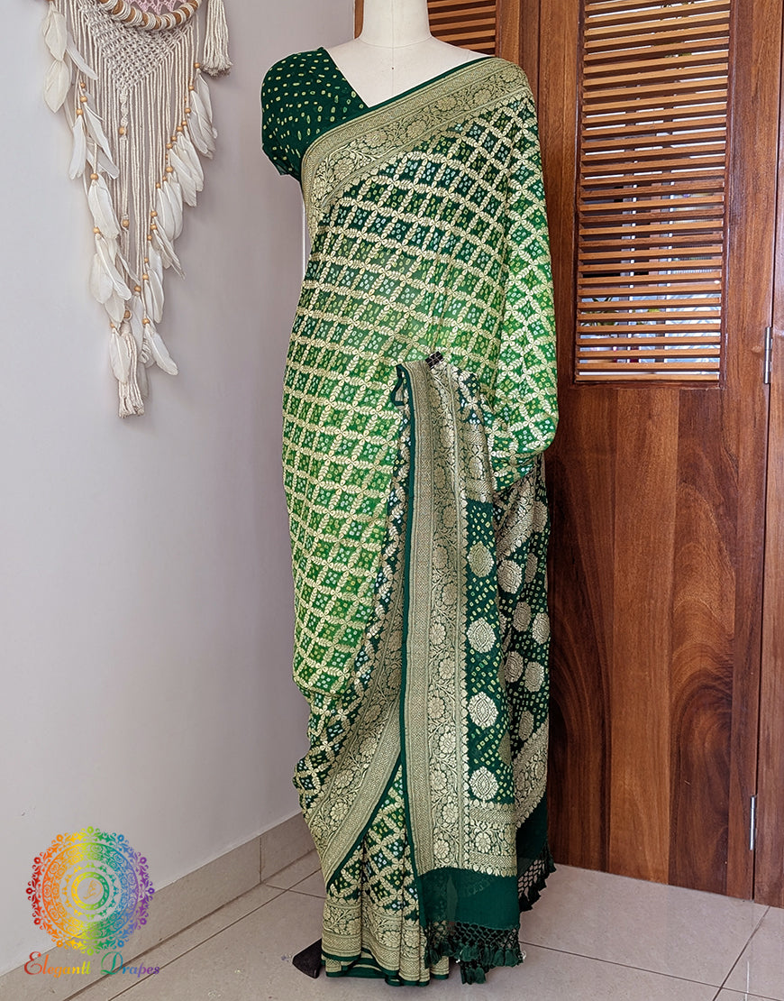 Green Shaded Banarasi Bandhani Khaddi Georgette Saree – Bandhani Saree Online India | Elegantt Drapes